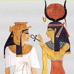 An Ancient Egyptian symbol, the ankh, shared between goddess Isis and queen Nefertari. They are holding hands.