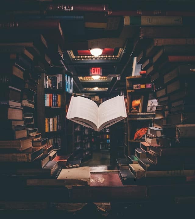 A library that looks more like a hobbit nook, with a circle of books, and an opened book in the middle, as if floating on air - ready to be read by a wizard.