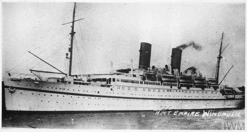 HMT Empire Windrush (Hired Military Transport) ship, 1948, Caribbean migrants to London. By the Royal Navy official Royal Navy official photographer. Ministry of Defence Foxhill Collection of Ship Photographs.