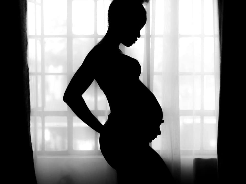 Silhouette of a pregnant, black woman, with her hair in a loose bun. It's a black and white photo. She had very little clothing. She's holding her womb in front of a curtained window.